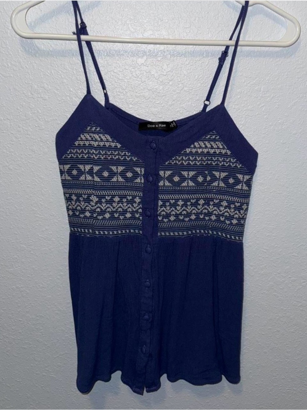 Doe & Rae Navy Blue Embroidered Button-Front Cami Top